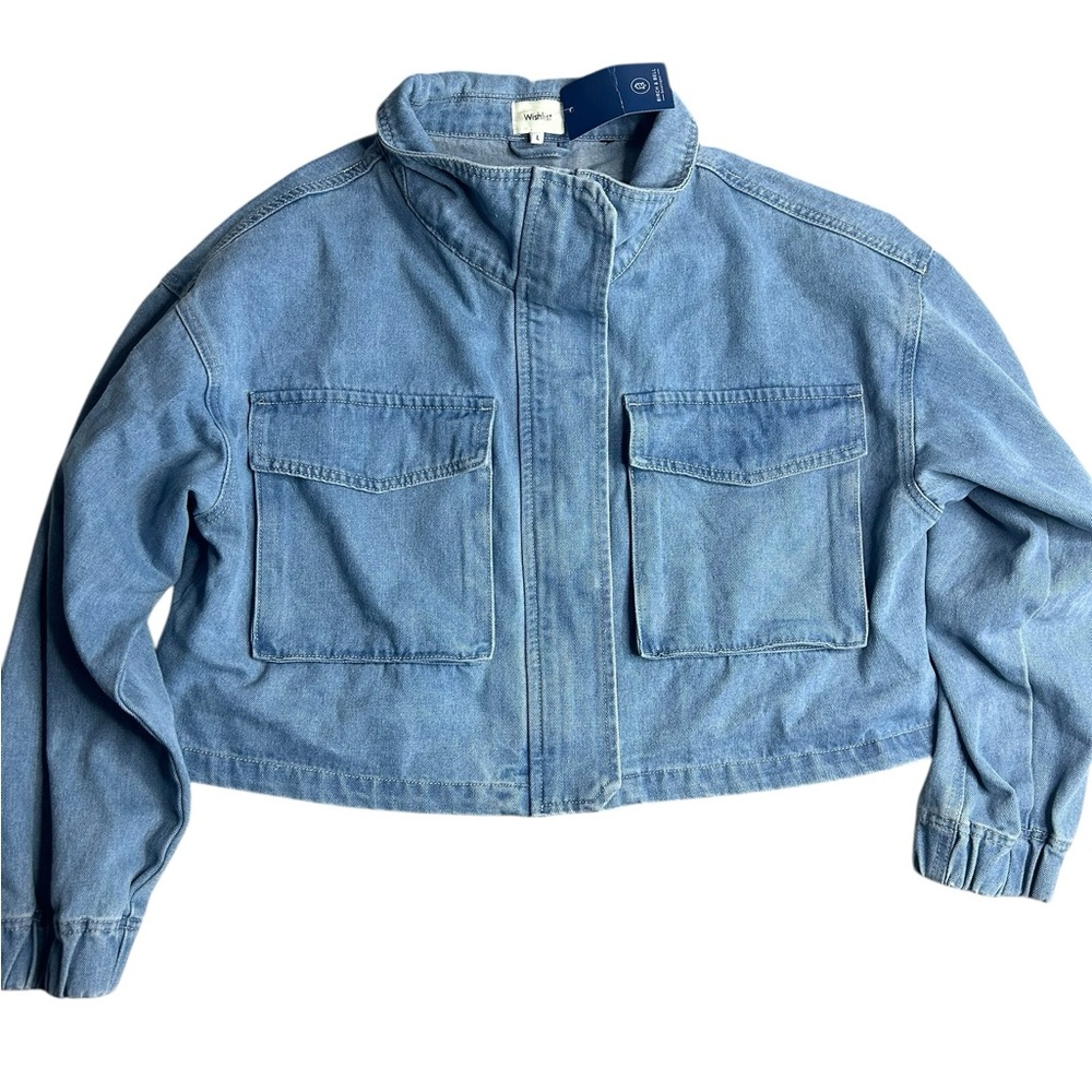 Wishlist Iris‎ Croppa Bomber Denim Jacket Medium Wash Women’s Size Large NWT